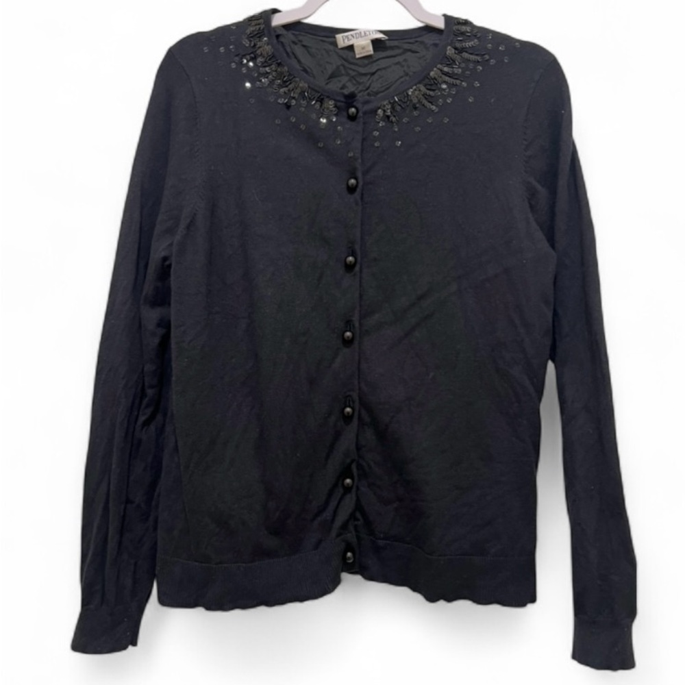 Vintage Pendleton women’s Medium long sleeve button up lined black silk cardigan
